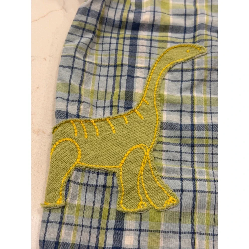 2006 Gymboree Boys Blue Green Plaid Dinosaur Applique Button Down Shirt 2T VTG